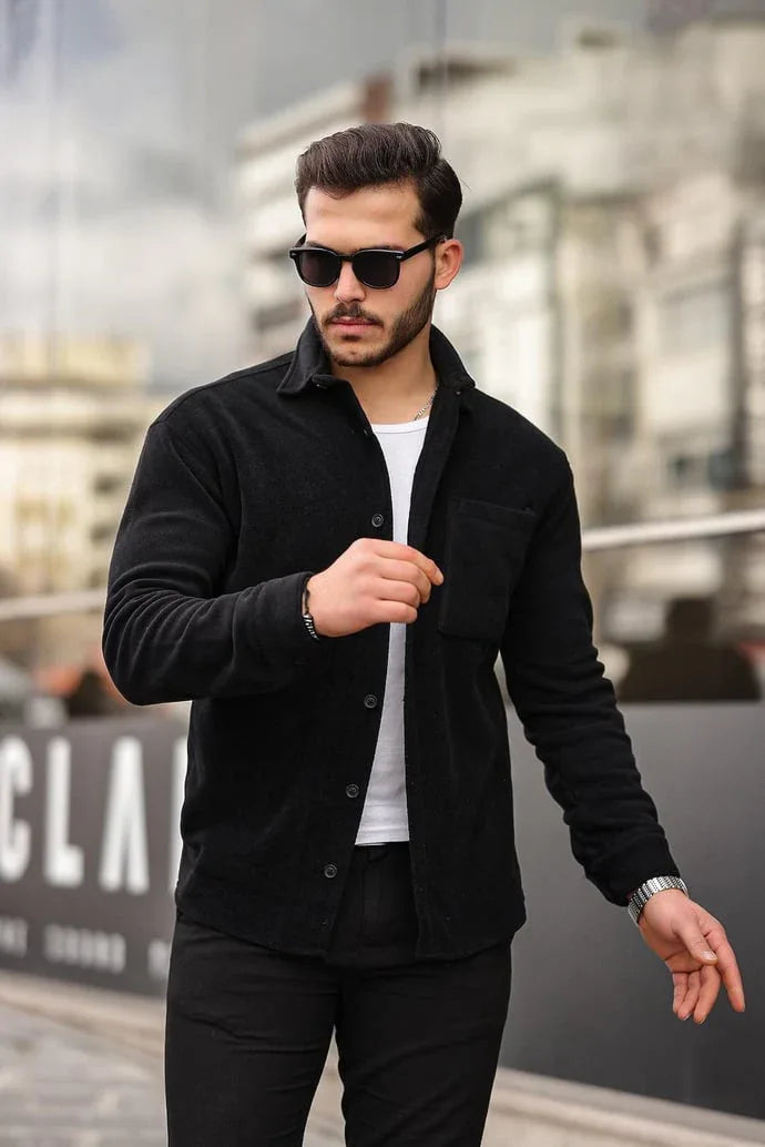 chemise polaire homme noire à poche coton