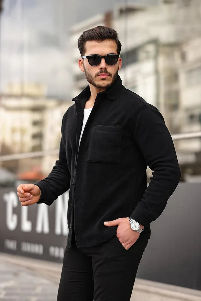 chemise polaire homme noire à poche coton