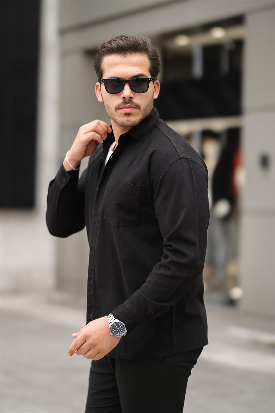 tek cepli oversize gabardin kumaş erkek gömlek - Justyol