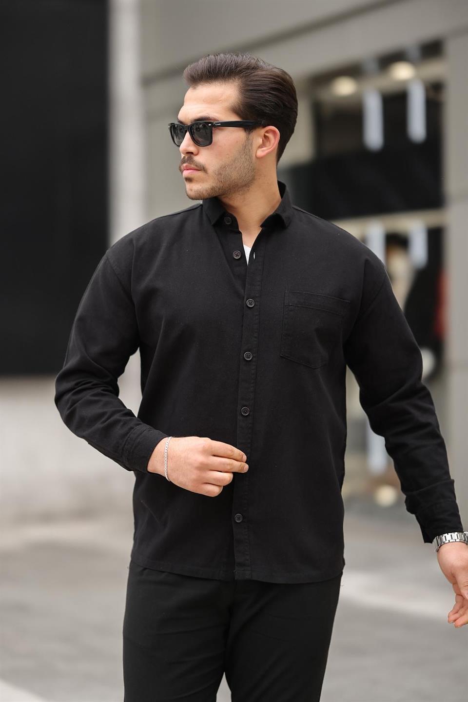 tek cepli oversize gabardin kumaş erkek gömlek - Justyol