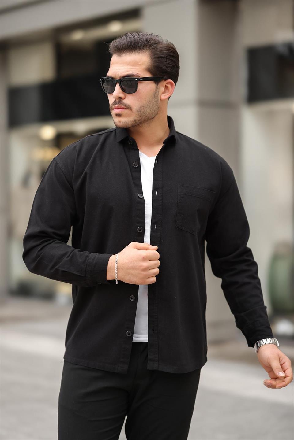 tek cepli oversize gabardin kumaş erkek gömlek - Justyol