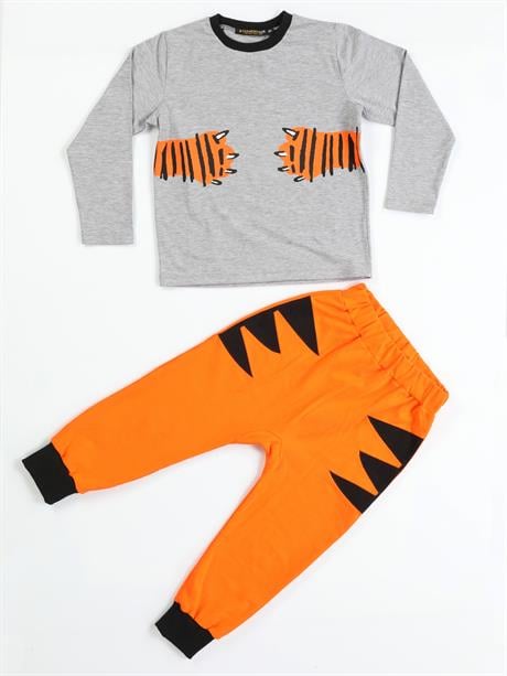 Ensemble Garçon avec T-shirt Imprimé Pattes de Tigre et Pantalon Orange