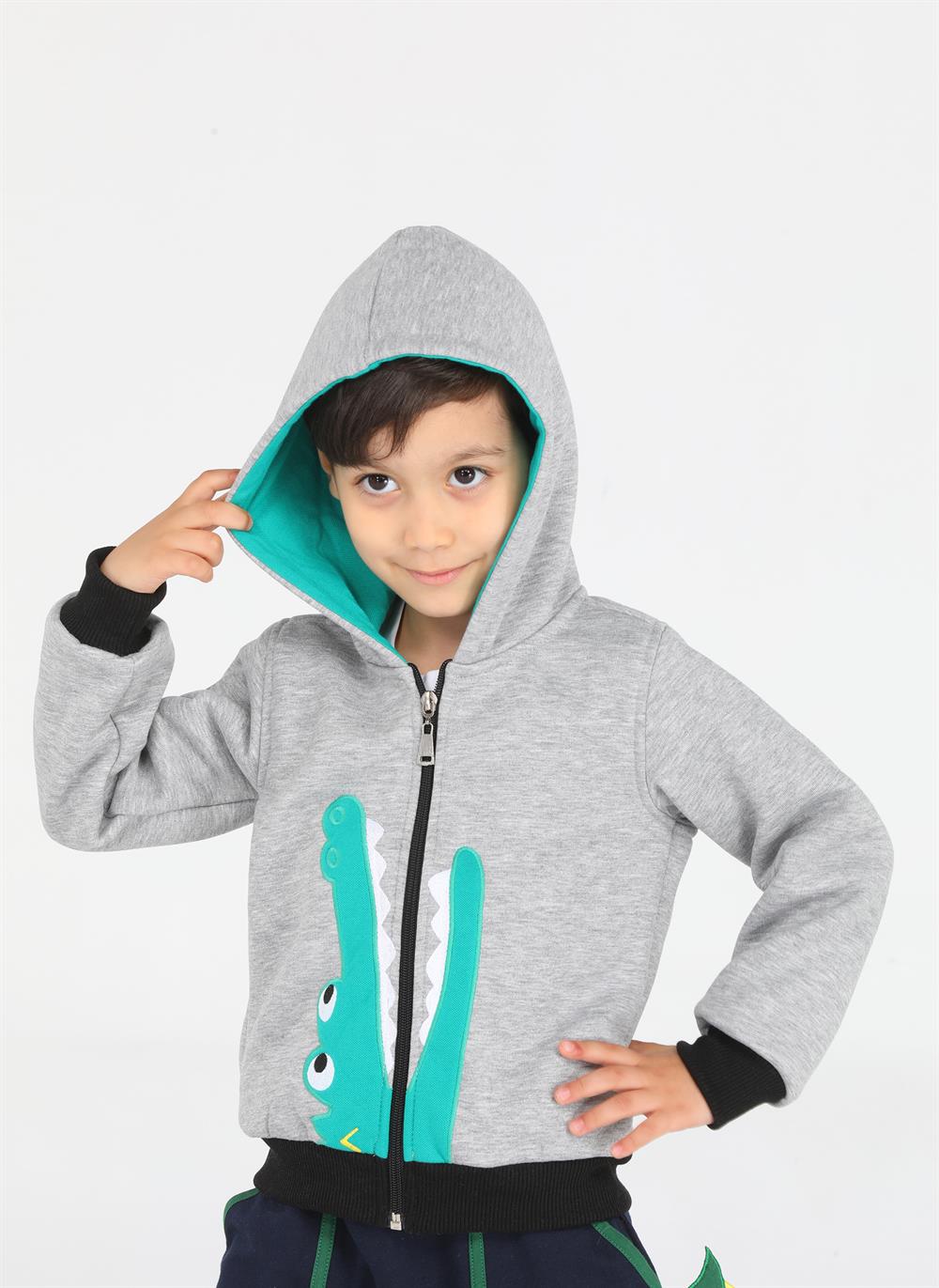 <tc>Sweat à capuche pour garçon avec fermeture éclair et motif crocodile.</tc>