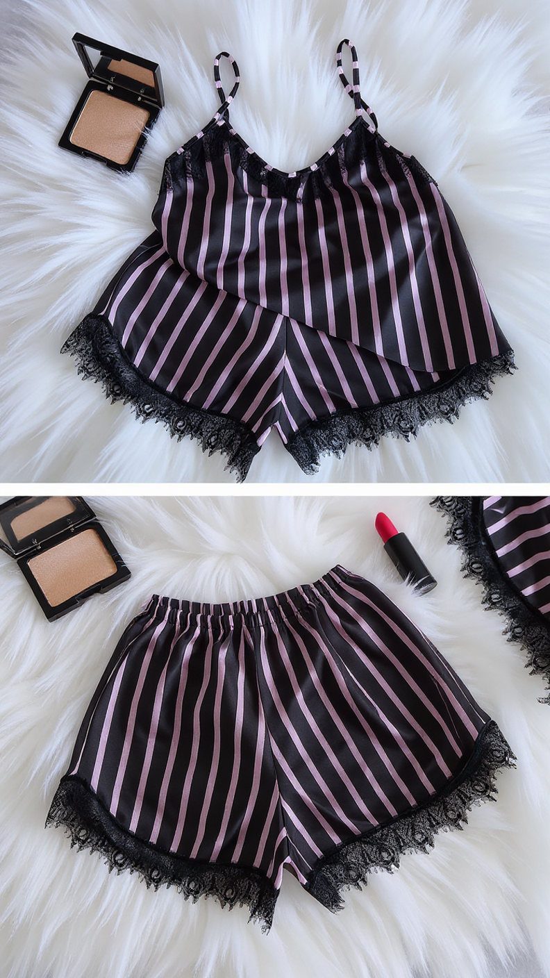 Nightsuit 155 -Striped Satin Nightwear Set with Elegant Lace Detail Erotica