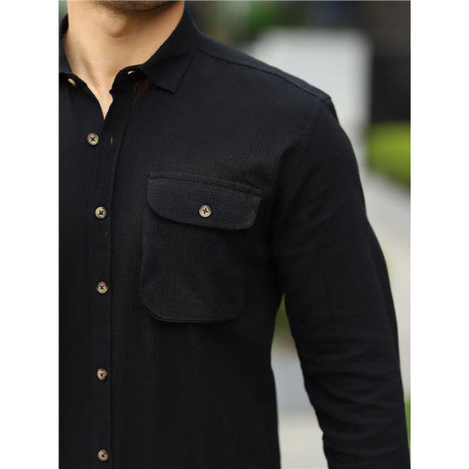 <tc>Chemise en lin de Şile avec poches à rabat - Noir - 31747.</tc>