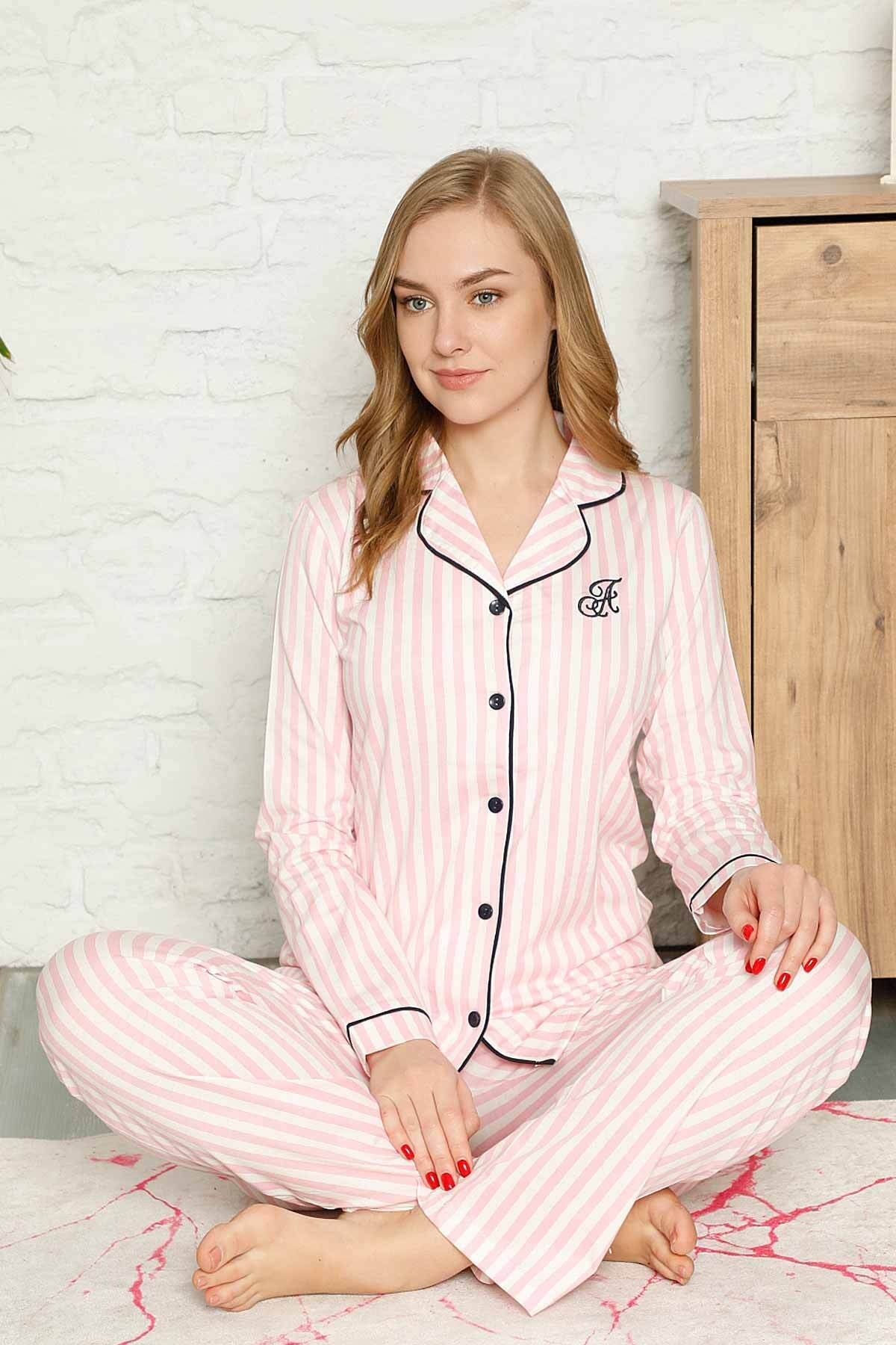 dreamy secret pamuklu likrali biyeli kisa kollu gömlek pijama takimi pembe