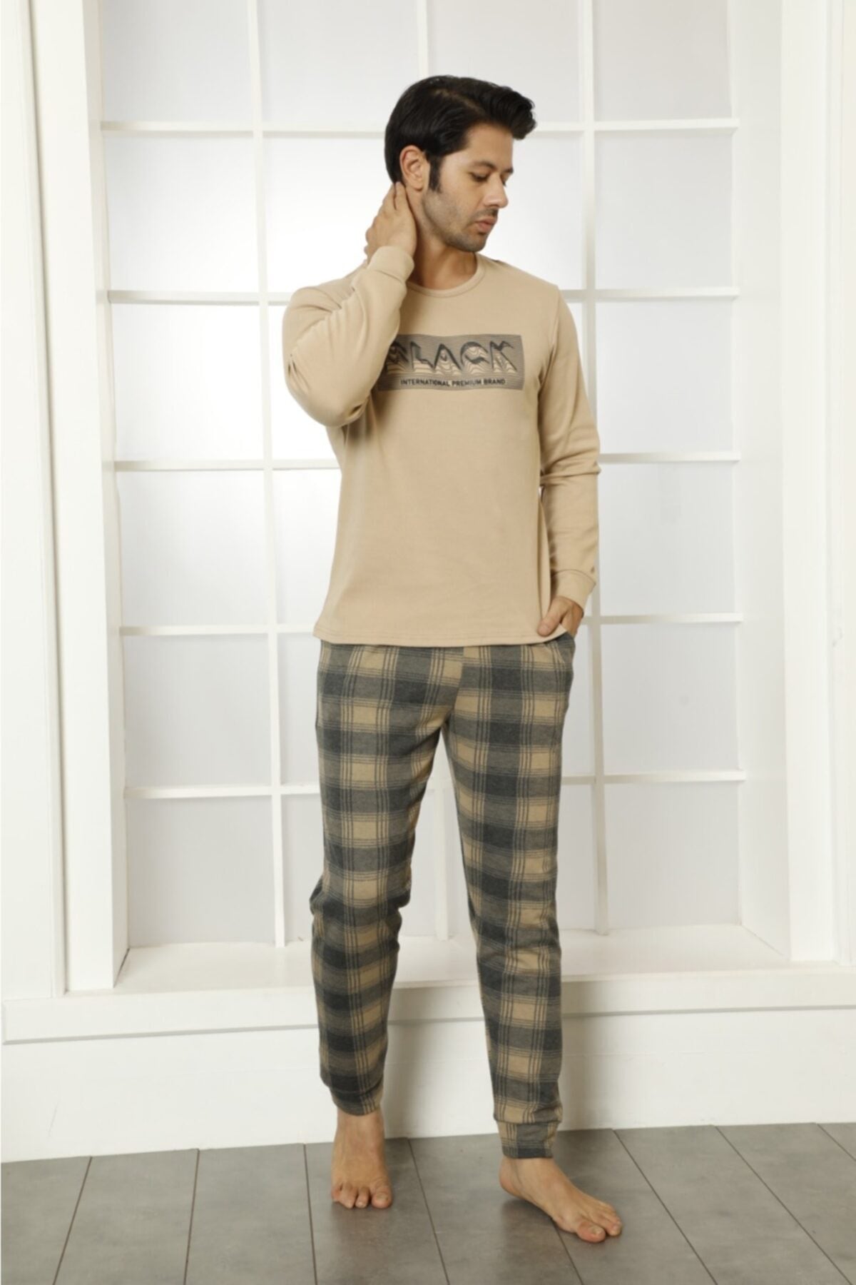 dreamy ekoseli kisa kollu v yaka cepli erkek pijama takimi - Justyol