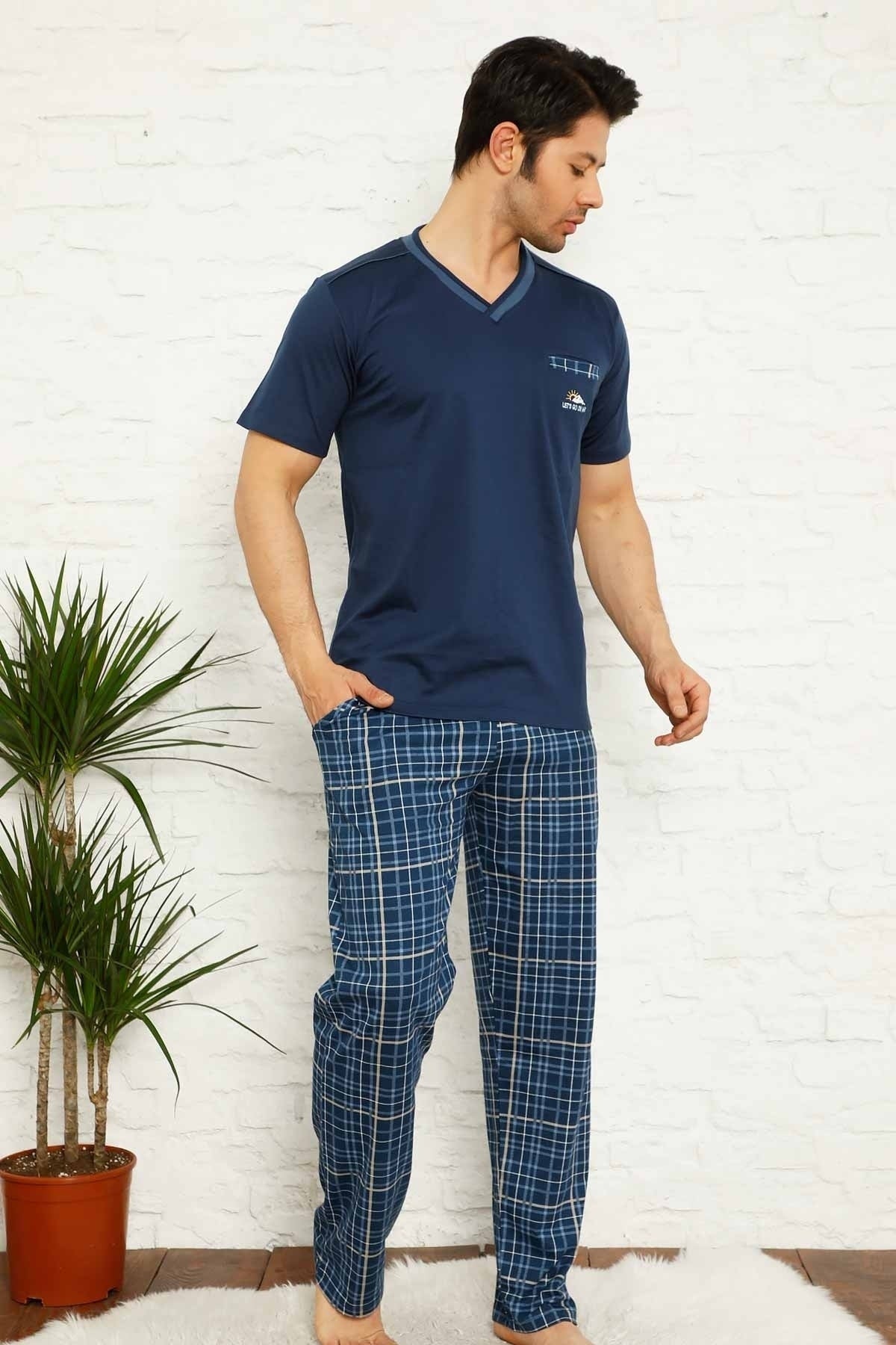 dreamy ekoseli kisa kollu v yaka cepli erkek pijama takimi - Justyol