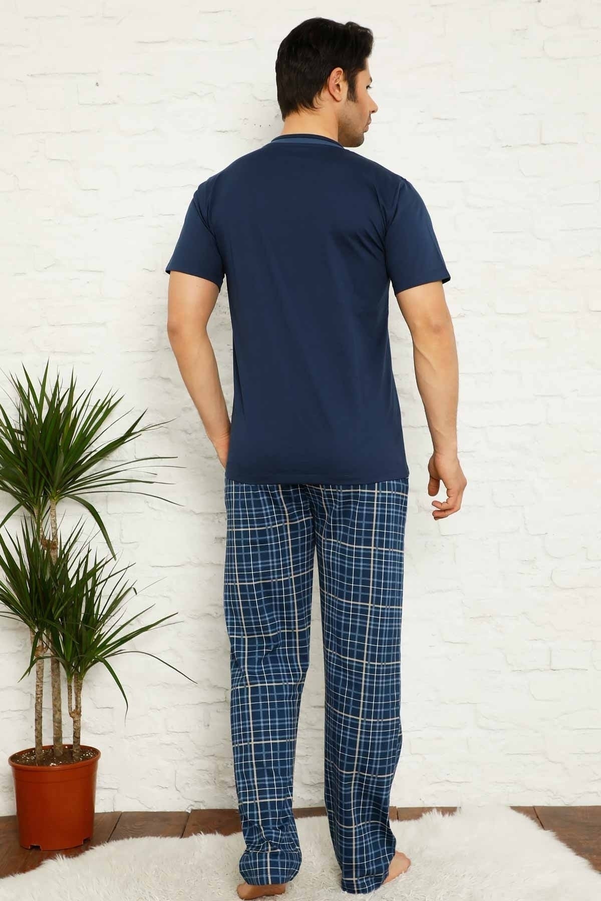 dreamy ekoseli kisa kollu v yaka cepli erkek pijama takimi - Justyol