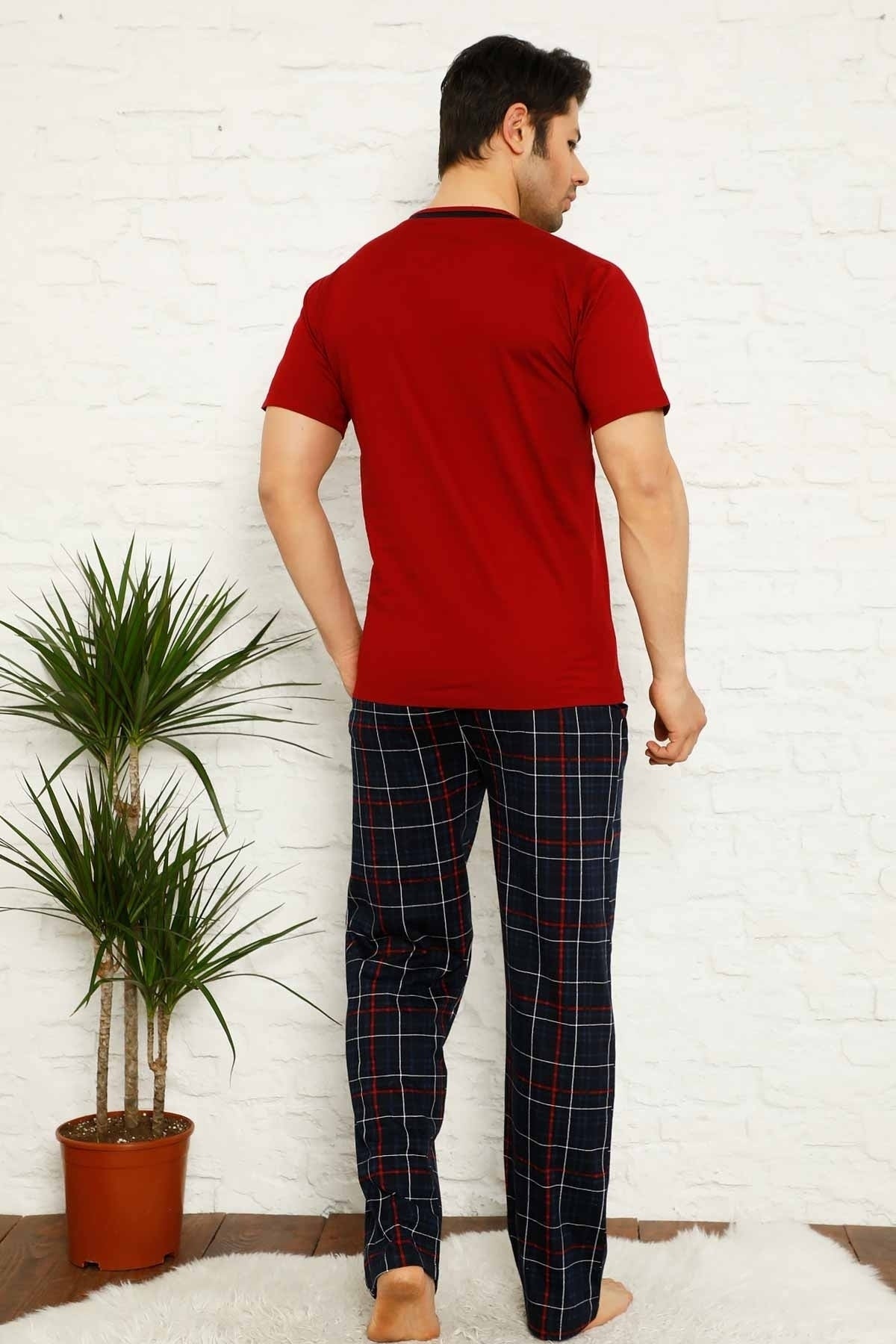 dreamy ekoseli kisa kollu v yaka cepli erkek pijama takimi - Justyol