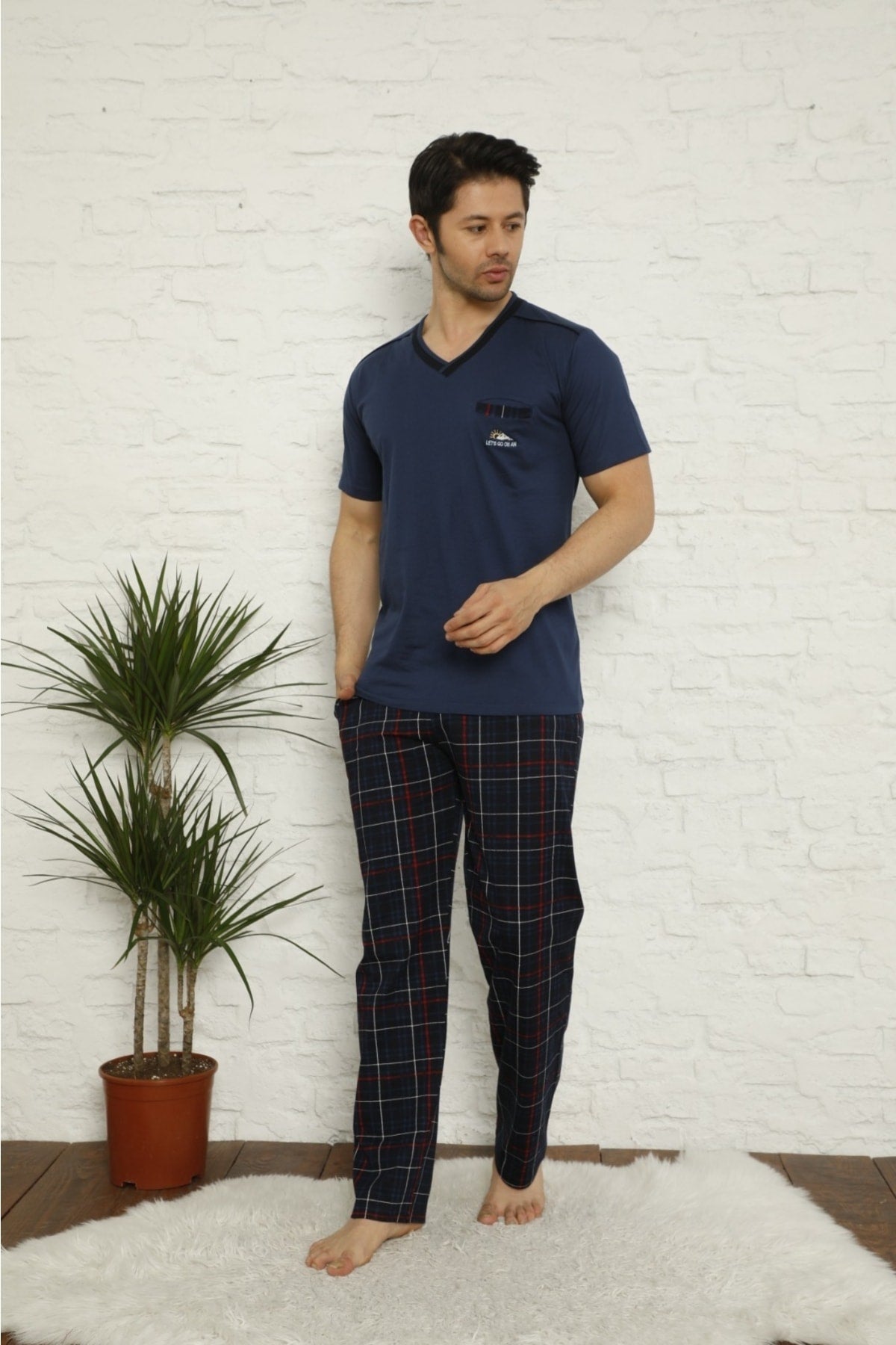dreamy ekoseli kisa kollu v yaka cepli erkek pijama takimi - Justyol