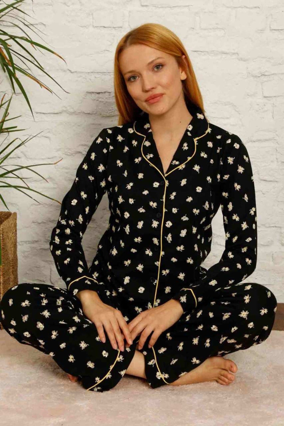 dreamy pamuklu biyeli papatya desenli gömlek pijama takimi