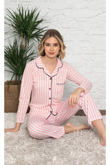 dreamy secret pamuklu likrali biyeli kisa kollu gömlek pijama takimi pembe