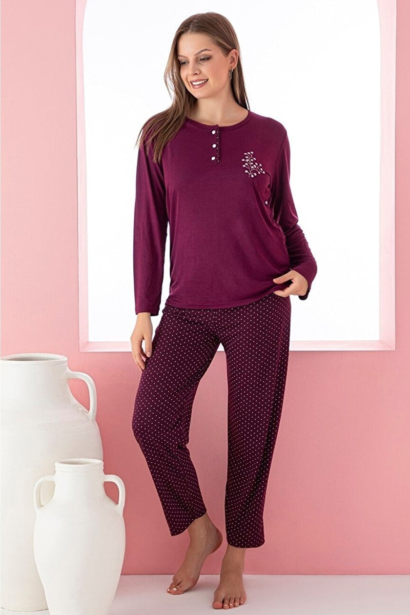 Ensemble Pyjama Femme à Manches Longues avec Broderie et Pantalon Imprimé