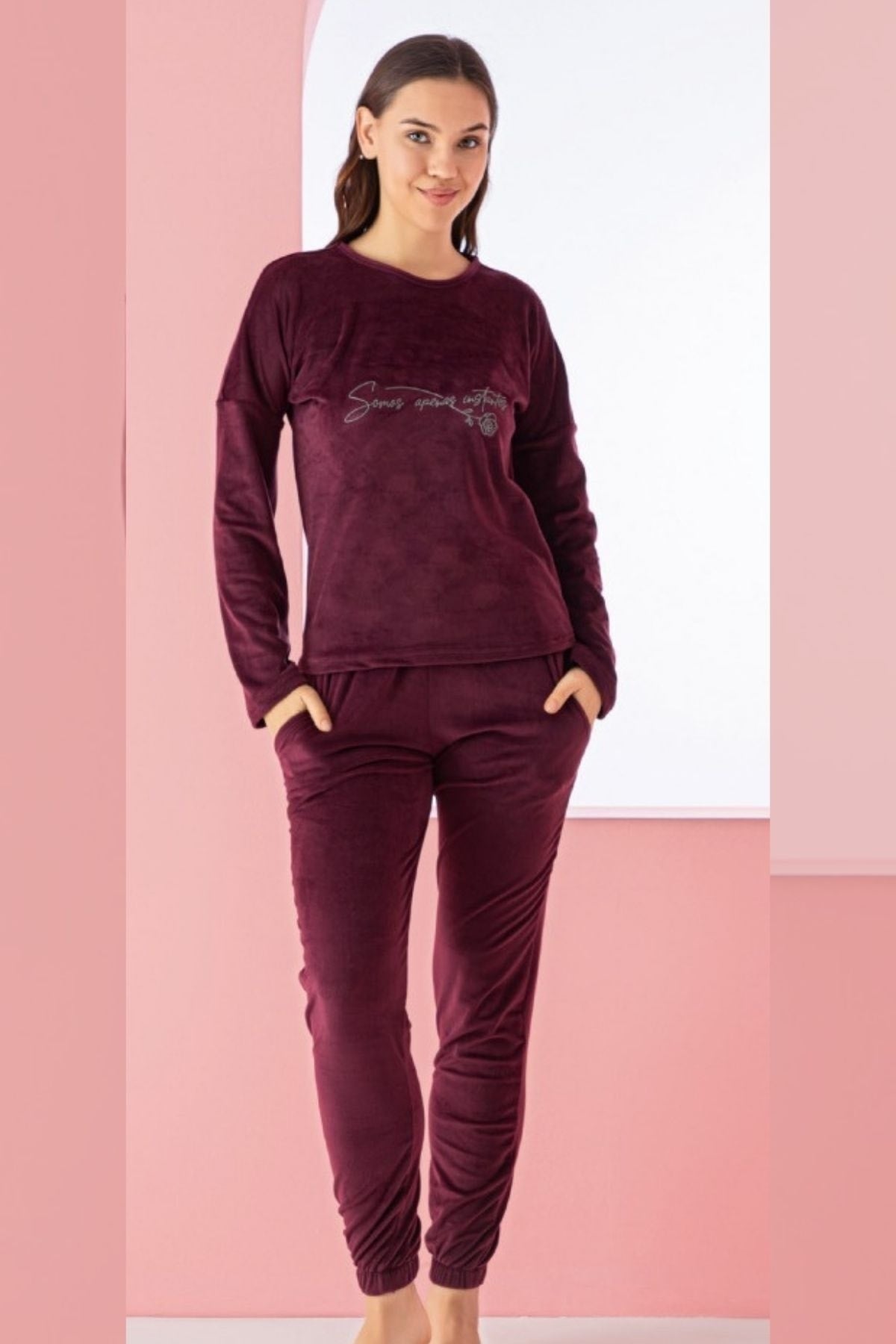 luxury velvet fransiz kadife yazi detayli pijama takimi