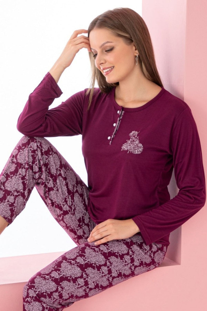 Ensemble Pyjama Femme à Manches Longues avec Broderie et Pantalon Imprimé