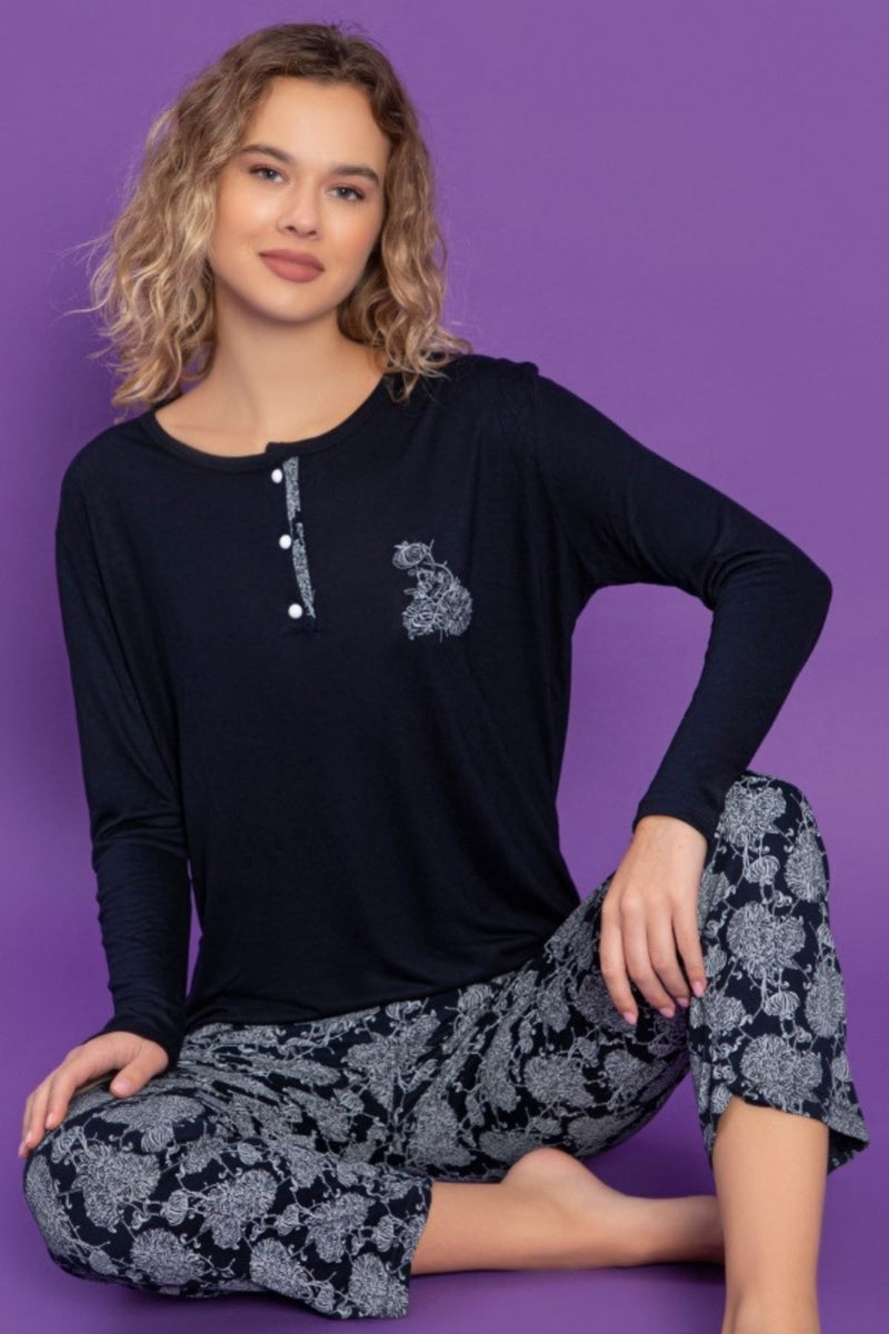 Ensemble Pyjama Femme à Manches Longues avec Broderie et Pantalon Imprimé