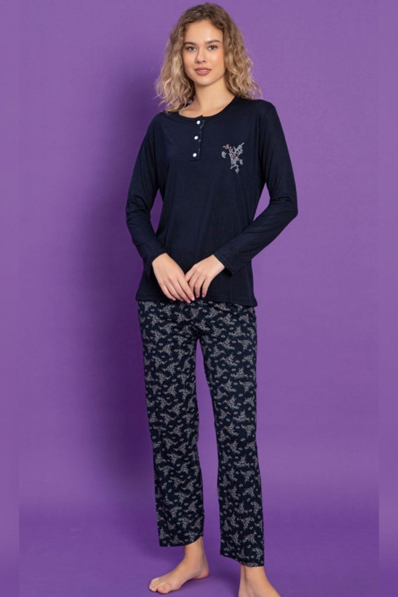 Ensemble Pyjama Femme à Manches Longues avec Broderie et Pantalon Imprimé