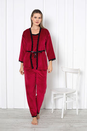 dreamy dantel detayli kadife 3 parça sabahlikli pijama takimi - Justyol