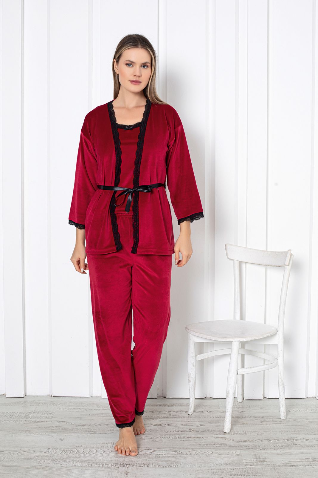 dreamy dantel detayli kadife 3 parça sabahlikli pijama takimi - Justyol