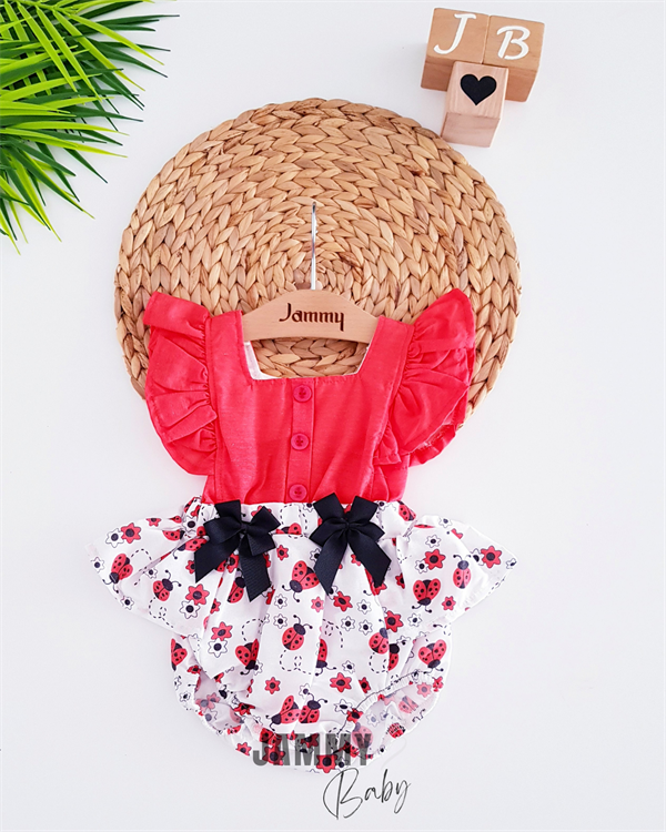 ladybug themed bow romper-red