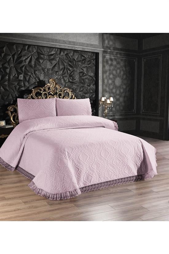 Couvre-Lit Double Matelassé Ultrasonique avec Dentelle Brillante – Ensemble 3 Pièces