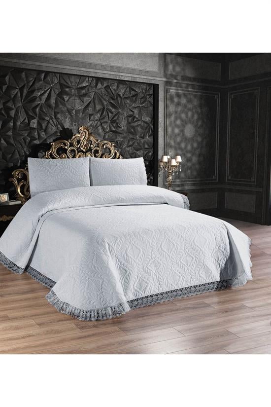 Couvre-Lit Double Matelassé Ultrasonique avec Dentelle Brillante – Ensemble 3 Pièces