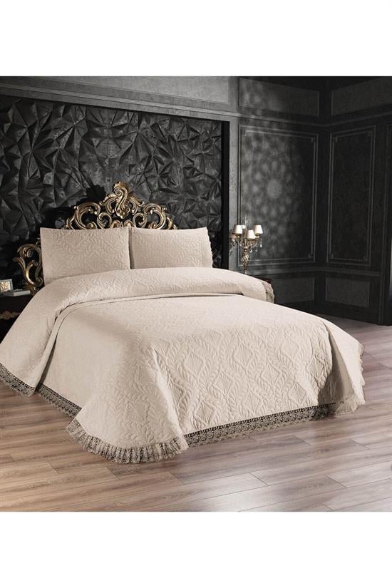 Couvre-Lit Double Matelassé Ultrasonique avec Dentelle Brillante – Ensemble 3 Pièces