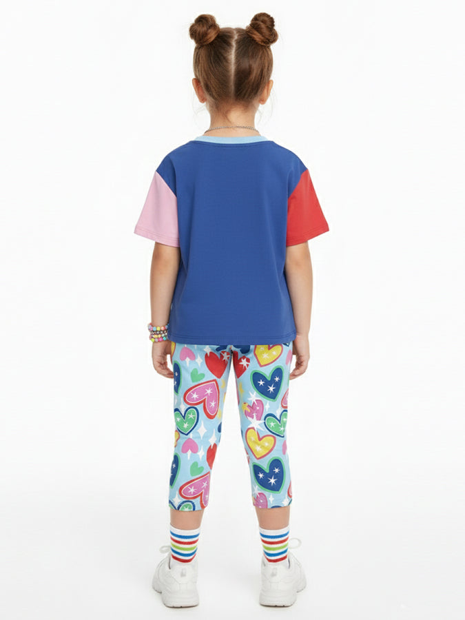 Ensemble Fille 2 Pièces Chat Licorne et Legging Imprimé Cœurs – Bleu Multicolore