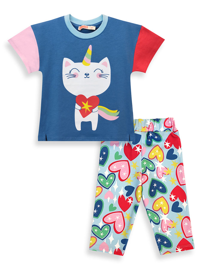 Ensemble Fille 2 Pièces Chat Licorne et Legging Imprimé Cœurs – Bleu Multicolore