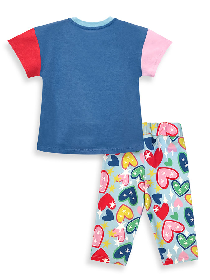Ensemble Fille 2 Pièces Chat Licorne et Legging Imprimé Cœurs – Bleu Multicolore