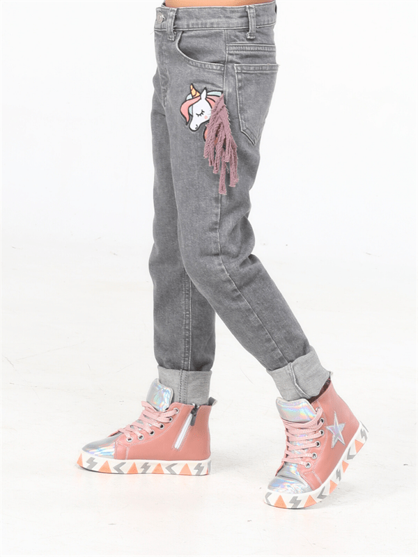 Jean Enfant Gris Délavé Élastique avec Broderie Licorne 3D