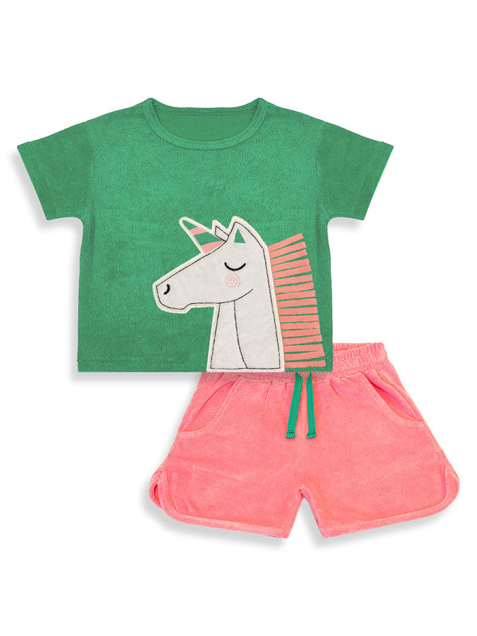 Ensemble Fille Éponge 2 Pièces avec Licorne 3D – Vert et Rose