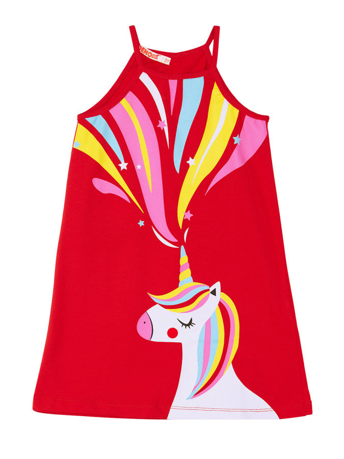 Robe Fille Imprimé Licorne en Jersey de Coton – Rouge Multicolore