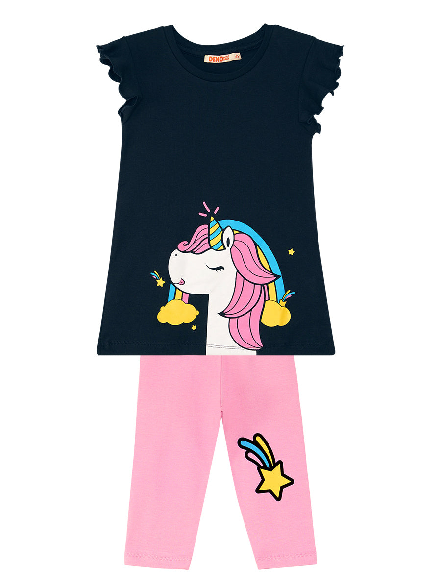 Ensemble Fille 2 Pièces Tunique & Legging avec Imprimé Licorne et Détails Volants