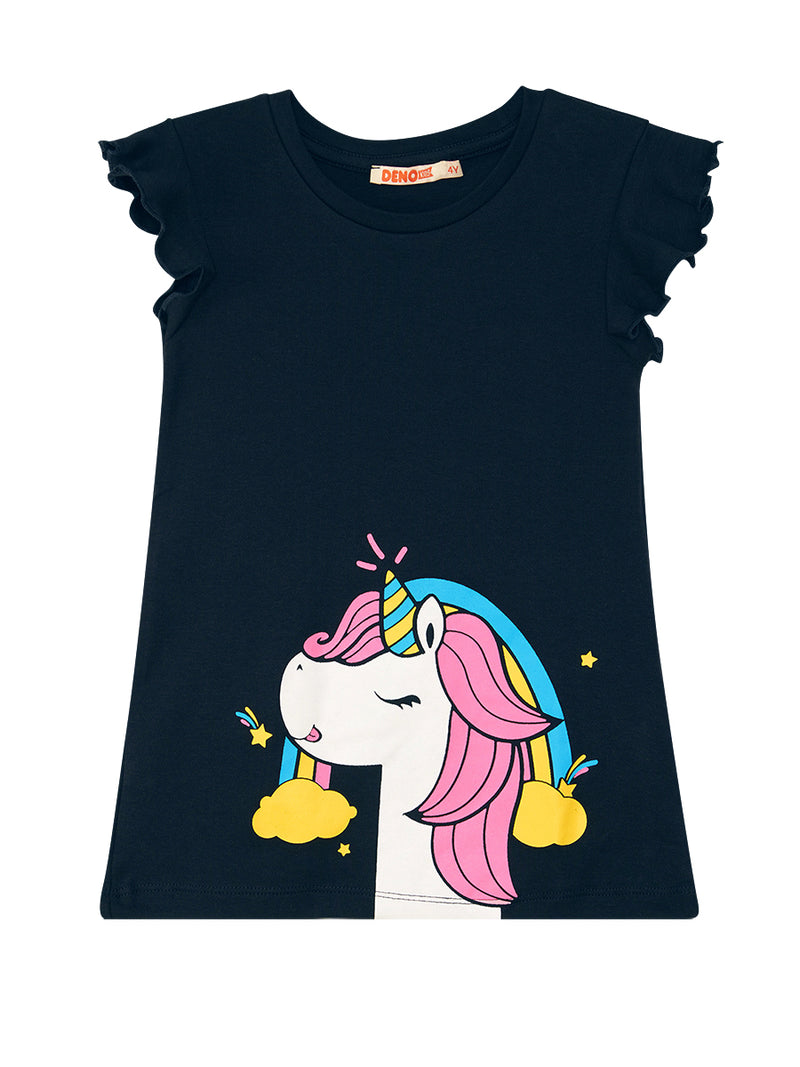Ensemble Fille 2 Pièces Tunique & Legging avec Imprimé Licorne et Détails Volants