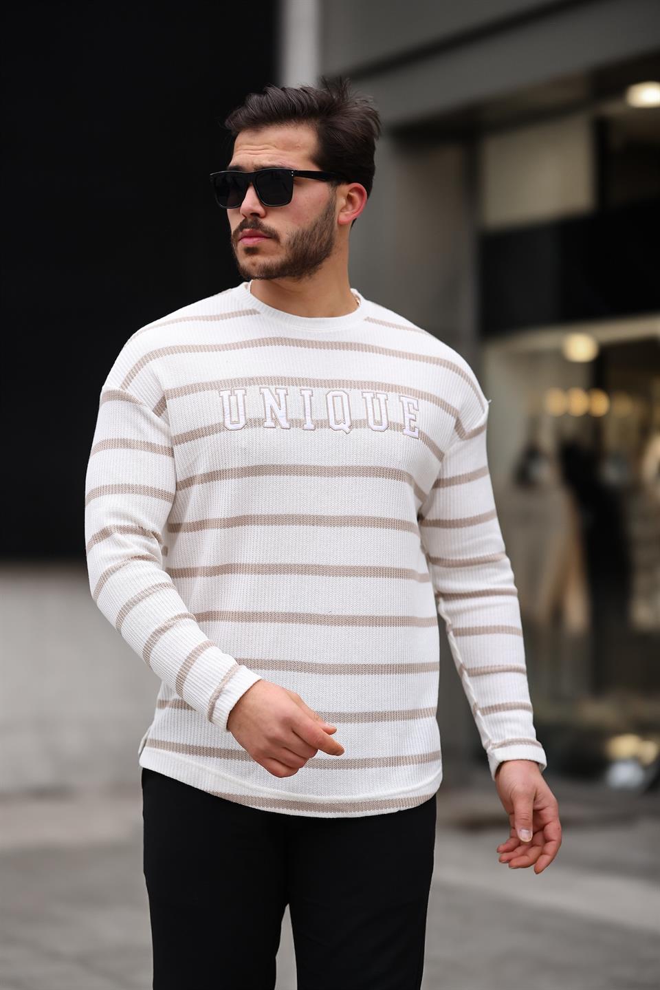 unique baskili çizgili erkek sweatshirt - Justyol