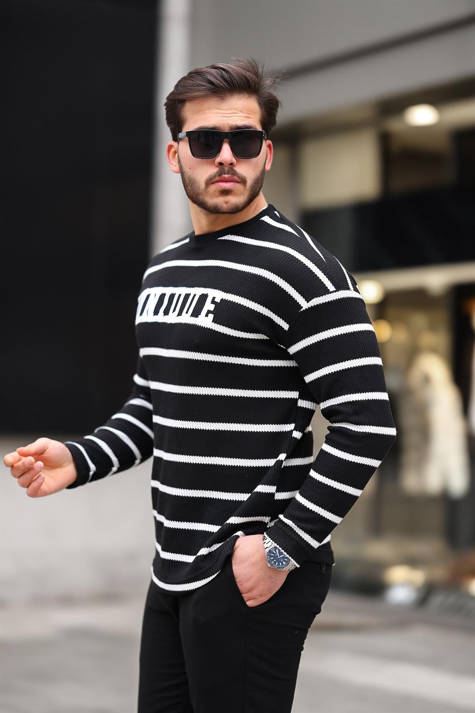 unique baskili çizgili erkek sweatshirt