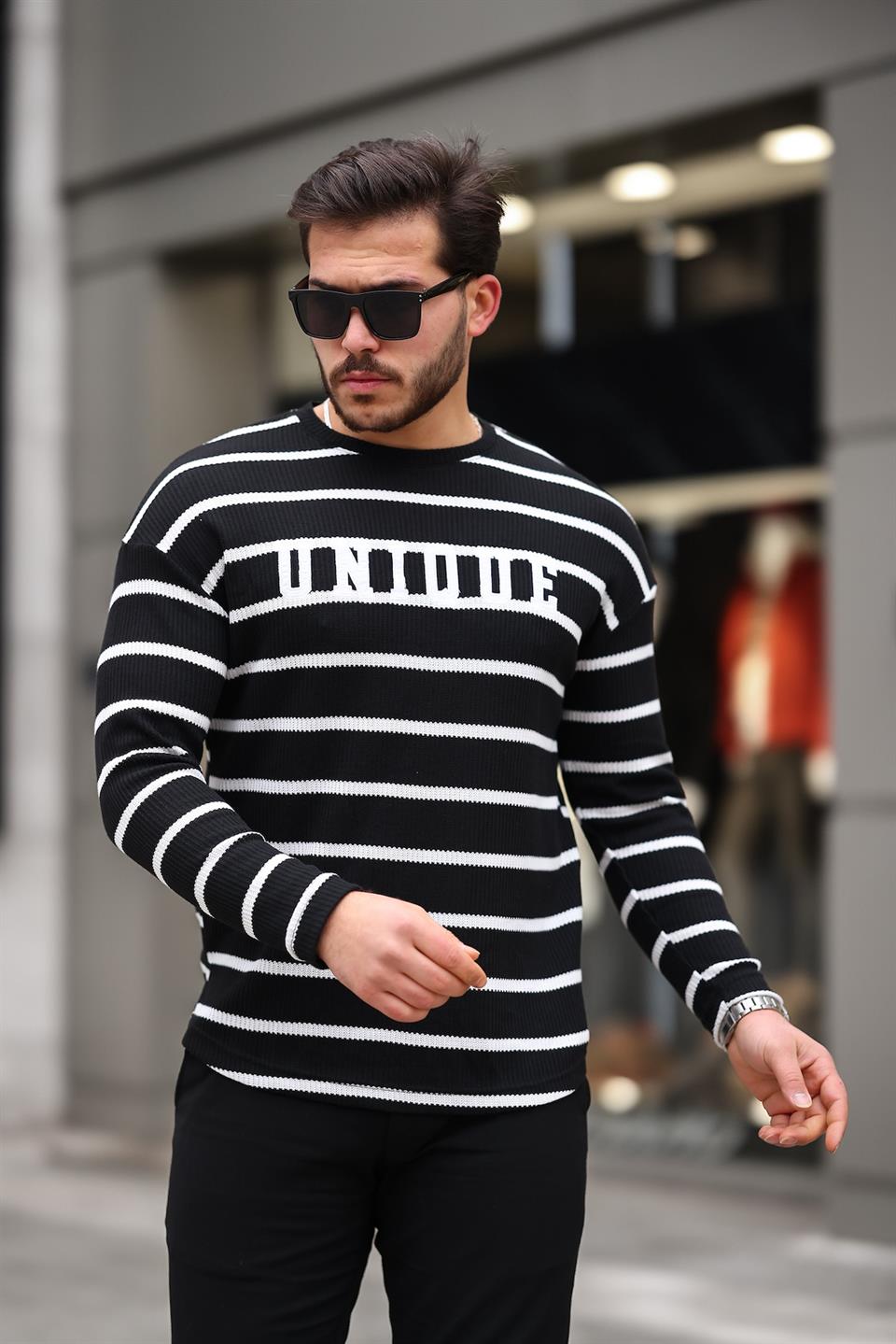 unique baskili çizgili erkek sweatshirt - Justyol