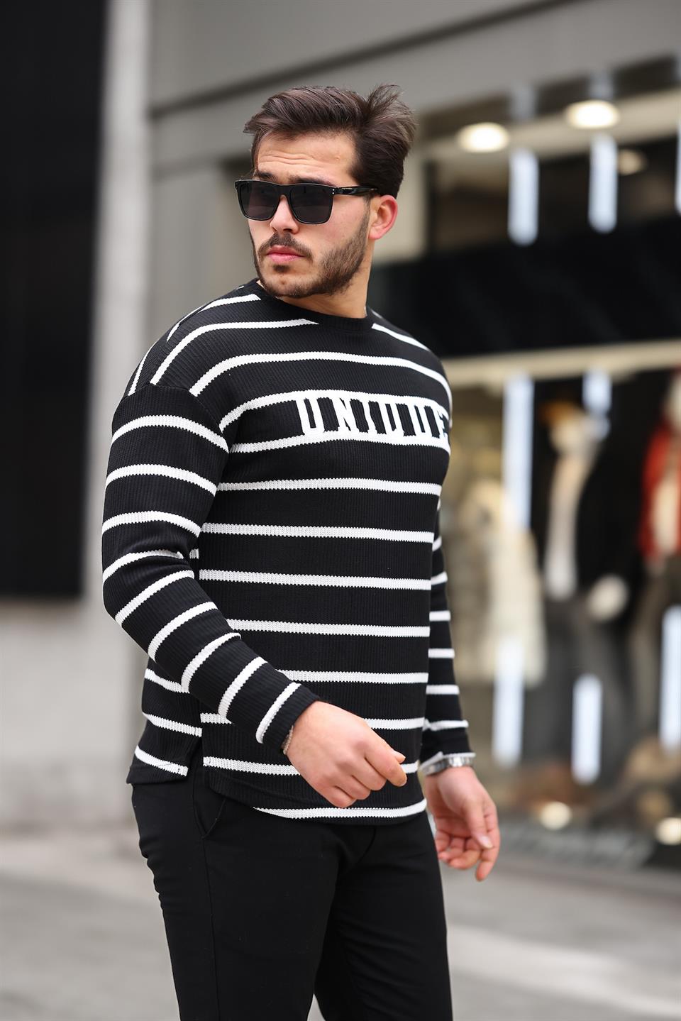 unique baskili çizgili erkek sweatshirt - Justyol