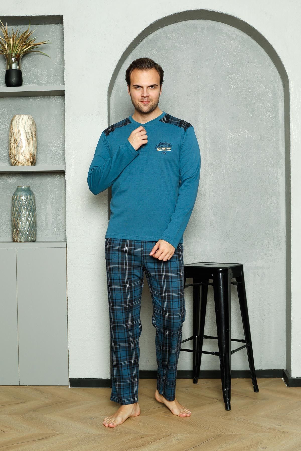 <tc>Ensemble pyjama homme en coton interlock avec motif à carreaux et broderie "Athletic", pour mi-saison M70182284</tc>