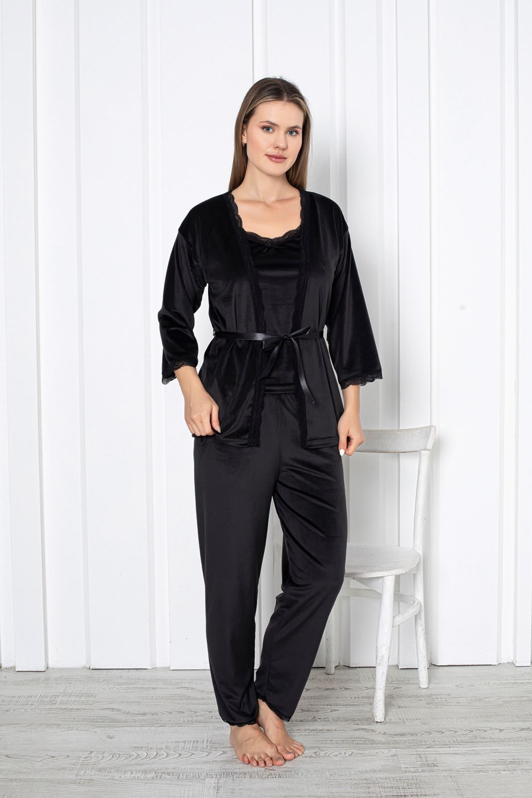 dreamy dantel detayli kadife 3 parça sabahlikli pijama takimi - Justyol