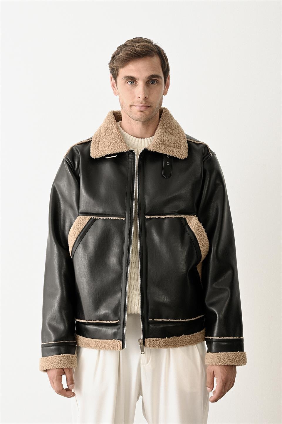 vintage kürk detayli erkek deri ceket/mont - Justyol