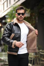 vintage kürk detayli erkek deri ceket/mont - Justyol