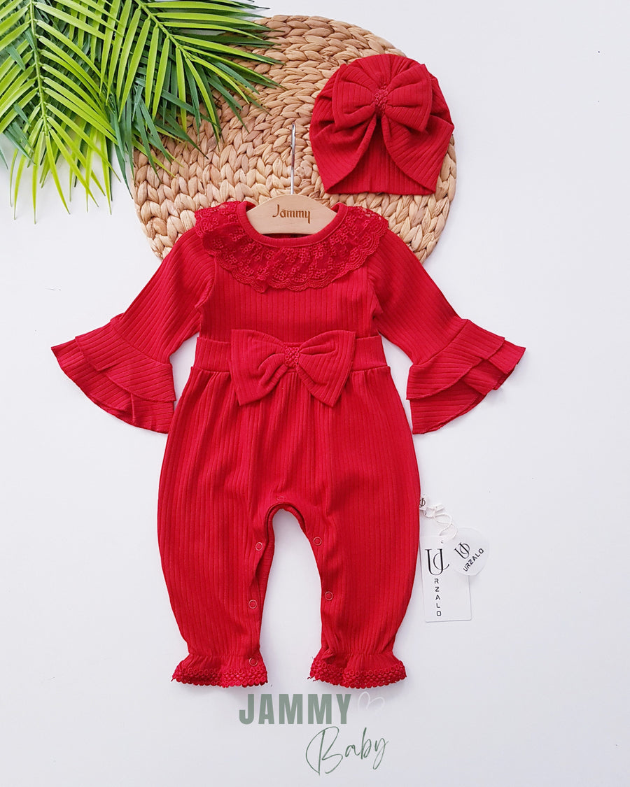 Violetta Lace & Bow Detailed Jumpsuit and Bonnet Hat-RED