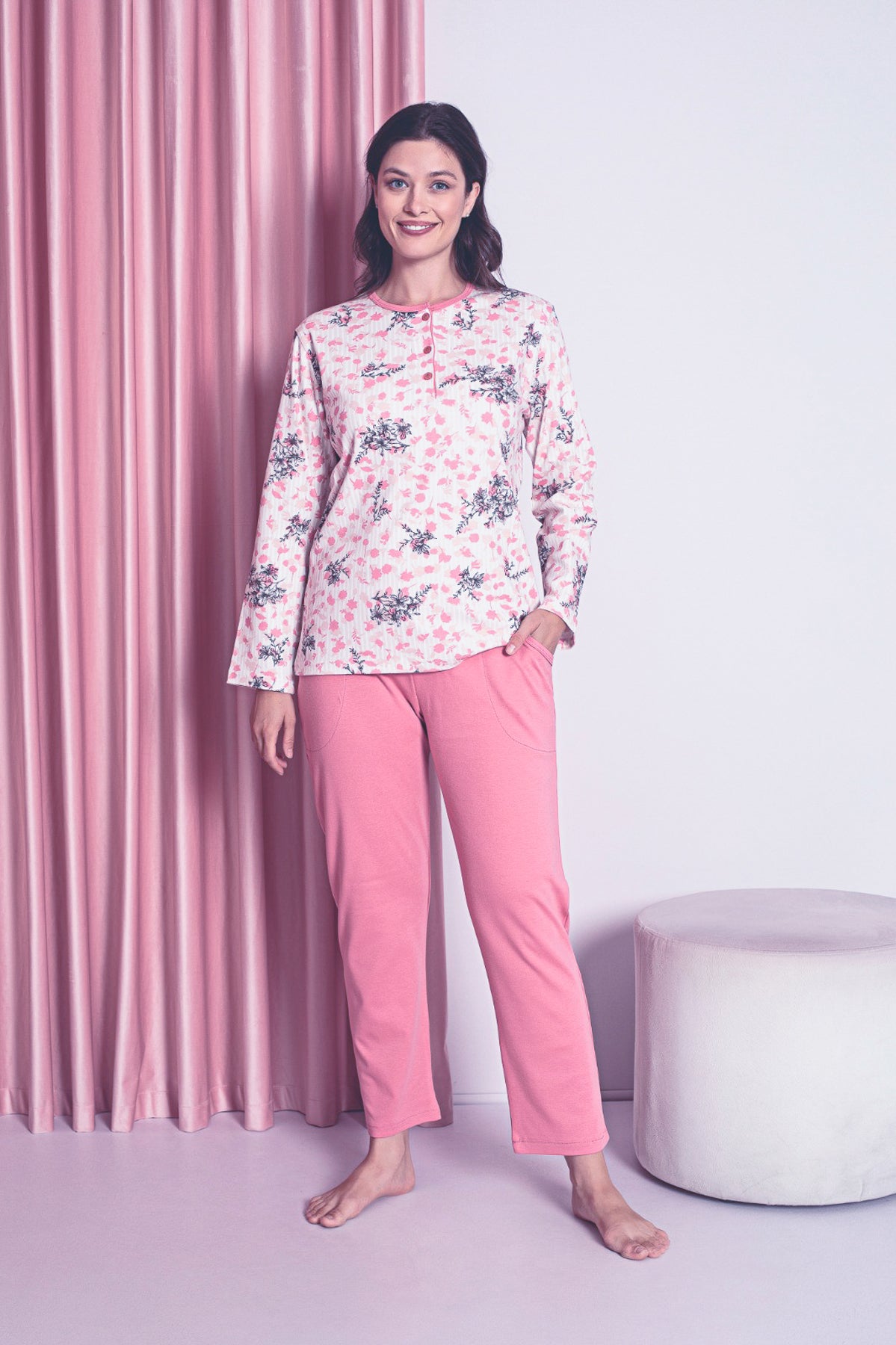 <tc>Pyjama Femme Ensemble Interlock Trois Boutons Haut à Motifs Floraux Coton Saisonnière Modèle W30032258</tc>