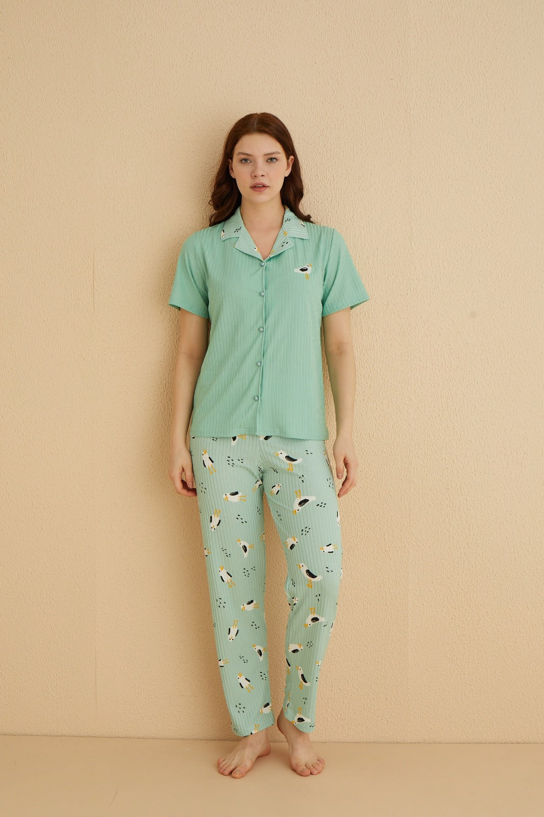 <tc>Ensemble de pyjama à manches courtes en jersey de soie avec motif de mouette, Dreamy.</tc>