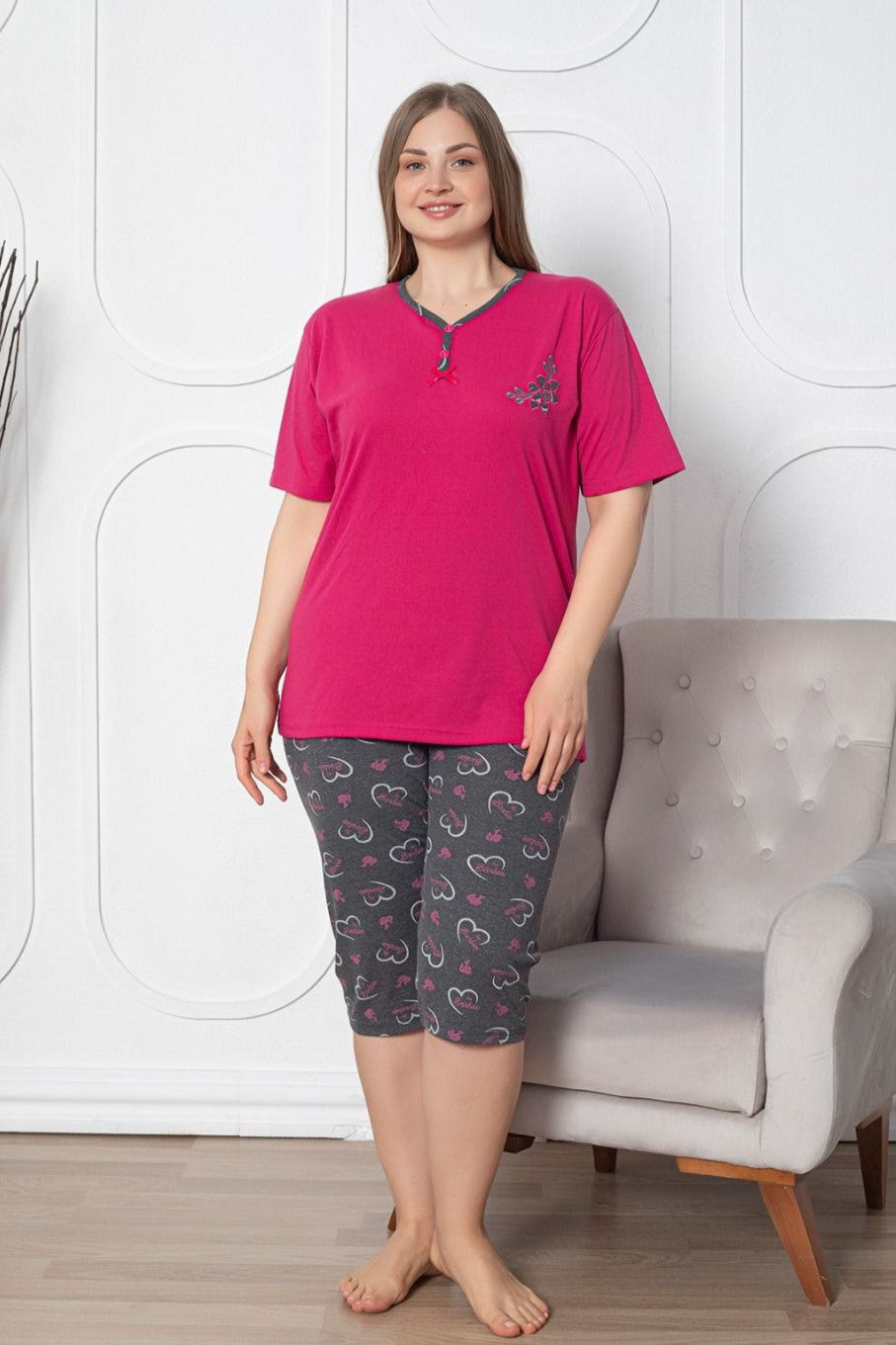 <tc>Ensemble de pyjama en coton à motifs avec col à boutons et capri, grande taille, X-Dreamy.</tc>