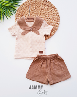 collar detailed muslin shorts set