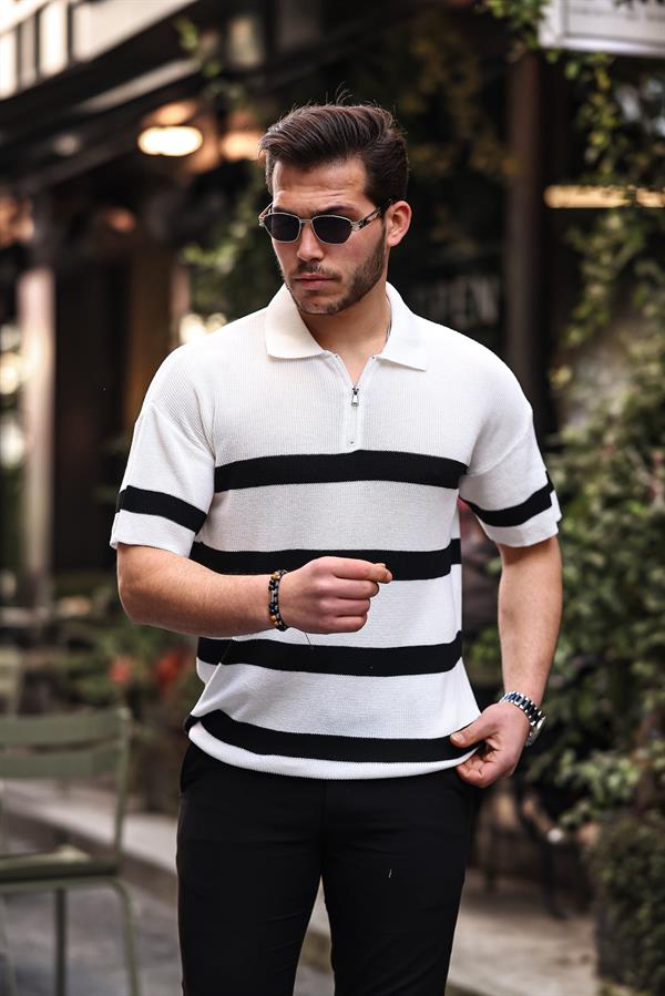 Yarım Fermuar Çizgili Oversize Triko T-Shirt - Justyol